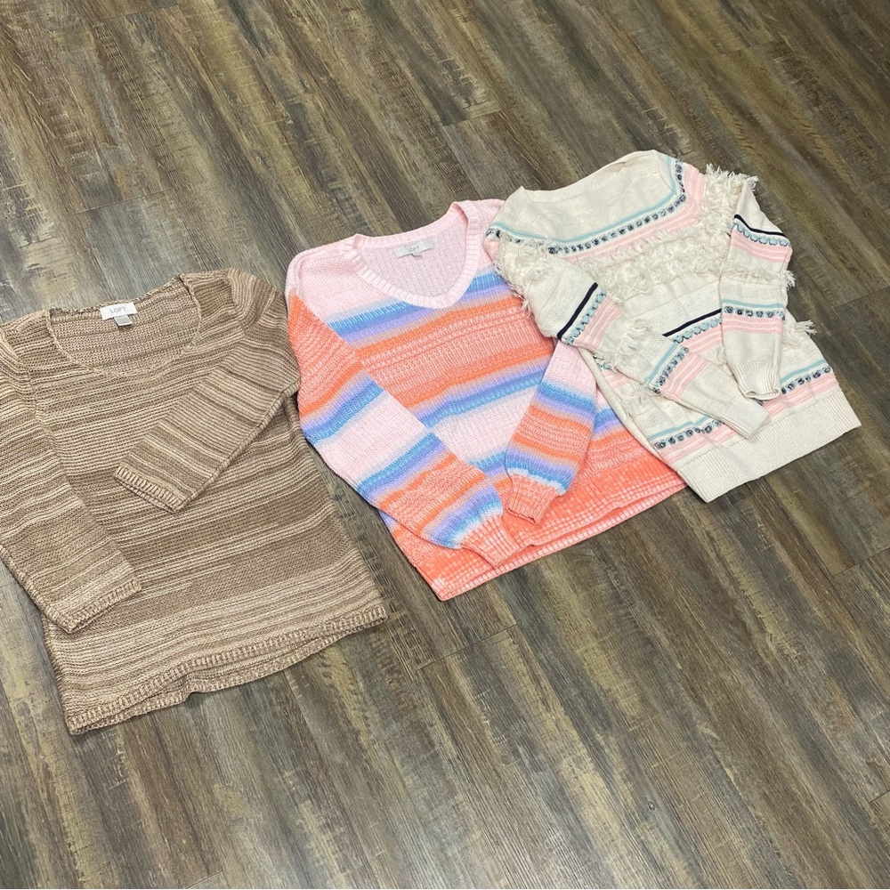 Loft Ladies Lot Of‎ 3 Sweater Cotton Striped Fringe Size XS